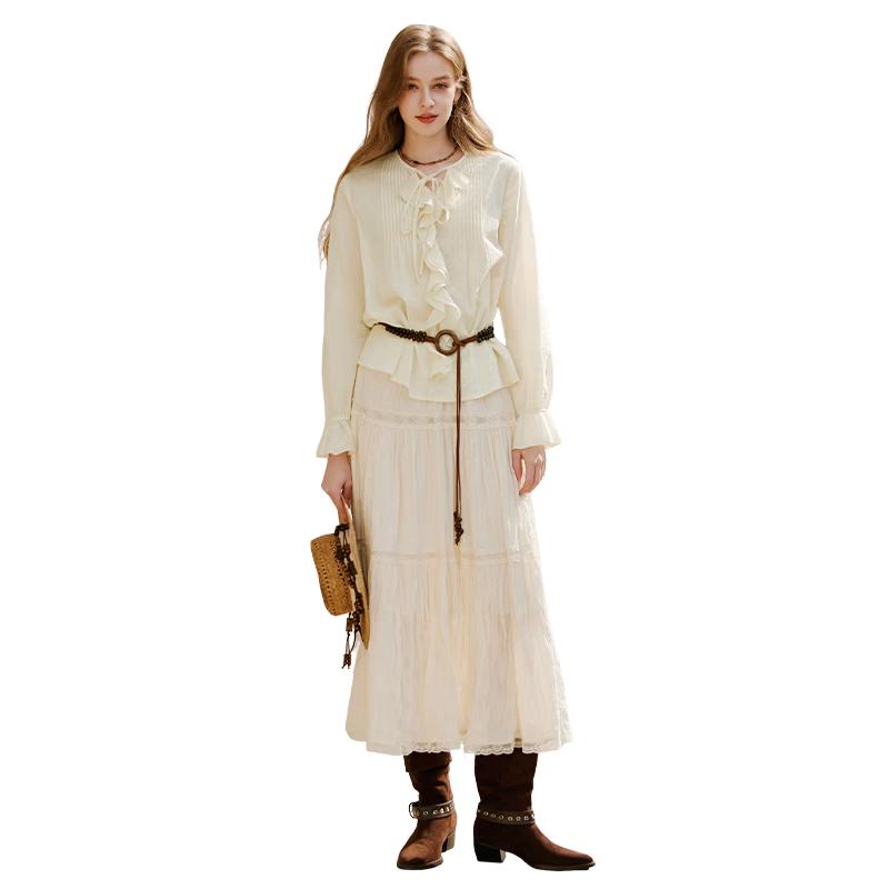 Xiangying French V-Neck Ruffle Long Sleeve Shirt for Women M