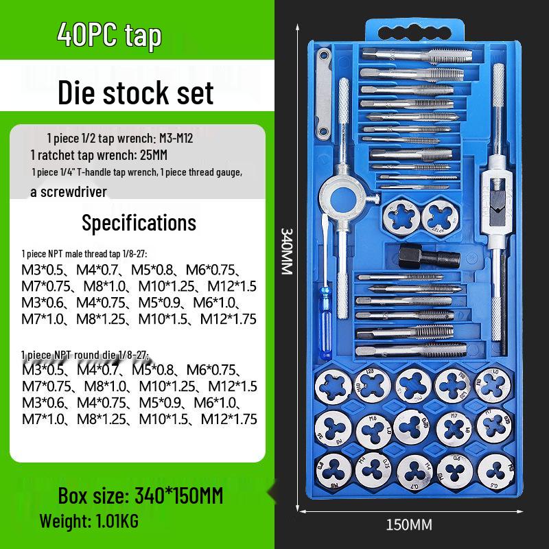 Complete Metric & Imperial Taper Tap and Die Set with Wrench & Round Die Holder