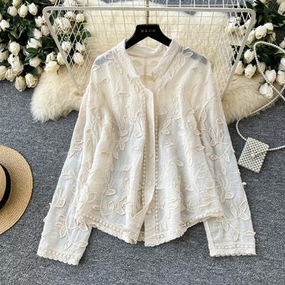 Spring Gentle Women Blouse Leaves Embroidery Single Breasted Long Sleeves Summer Thin Streetwear Casual Shirt
