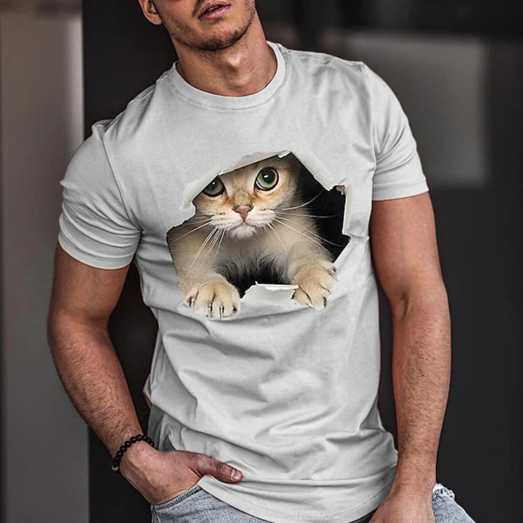 Letní Pánská Trička s Krátkým Rukávem s 3D Potiskem Kreslené Kočky s Kulatým Výstřihem