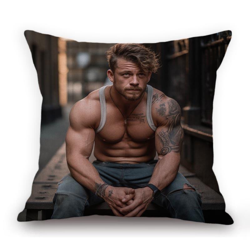 Handsome Sexy Muscle Man Motorcycle Chopper Bike Poster Art Home Decorative Sofa Pillow Case Cotton Linen Cushion Cover