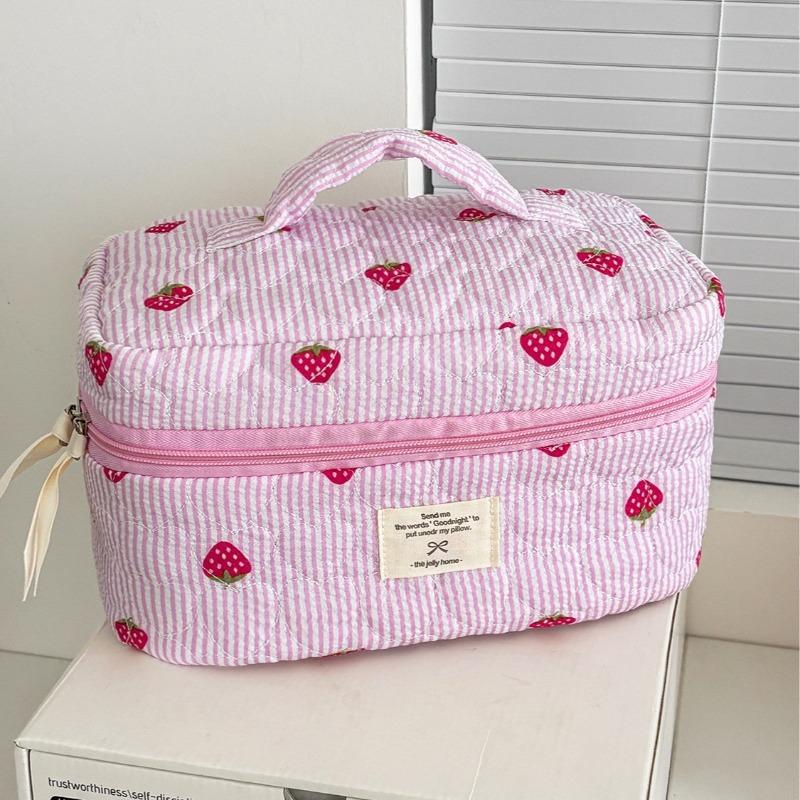Damen Kosmetiktasche gesteppt Niedlich Reißverschluss Rosa Erdbeere Reise-Organizer Kulturtasche Make-up Aufbewahrungstasche Handtasche Damen Reißverschlusstasche