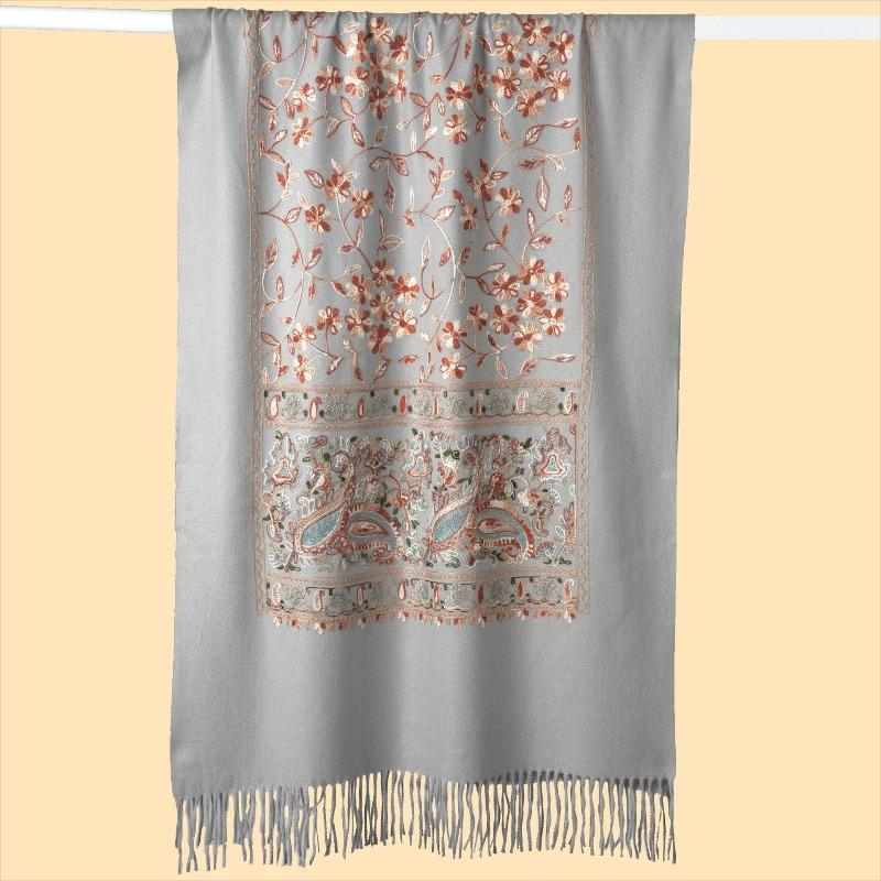 

New women s autumn and winter embroidery scarf shawl classic monochrome heavy industry embroidery fringed warm large shawl Above 175cm