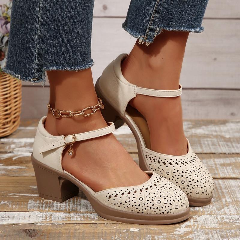 Fashion New Ankle Strap High Heels Sandals for Women Summer Hollow Out Breathable Pumps Woman Comfortable Chunky Heeled Mary Jane Shoes