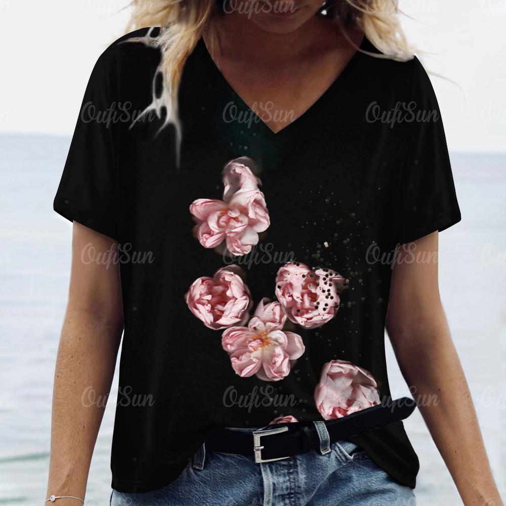 2024 Women T Shirt Summer Floral T-Shirt Plus Size Women's Clothing Oversized Designer Short Sleeve Shirt Women V Neck Blouse