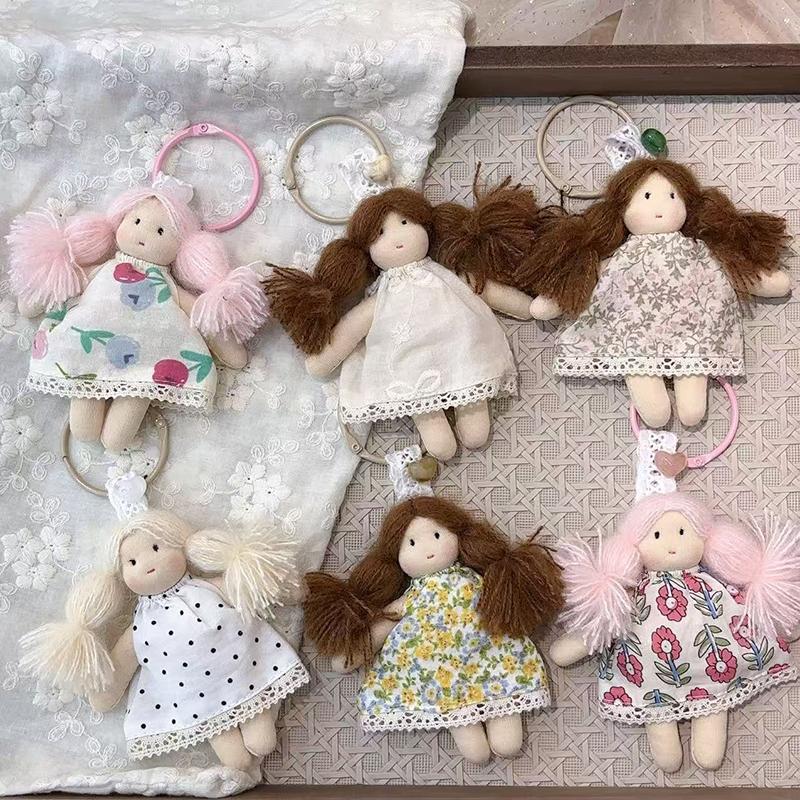 Cute Cartoon Doll In Floral Dress Keychain For Woman Girls Pendant Bag Decor Braid Accessory Fabric Toy Keyring Decoration