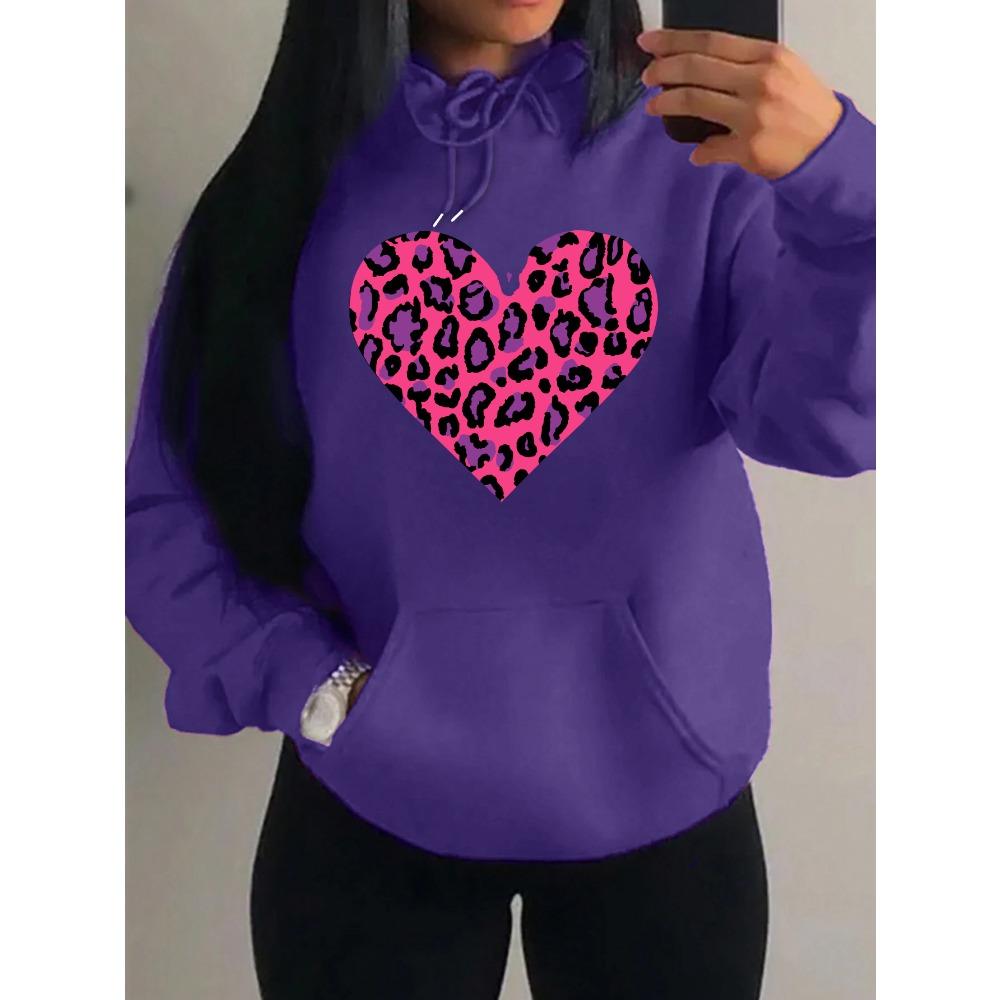 Pink Leopard Print Heart Printing Hoody Women Fashion Oversized Hoodie Pullover Autumn Fleece Clothes