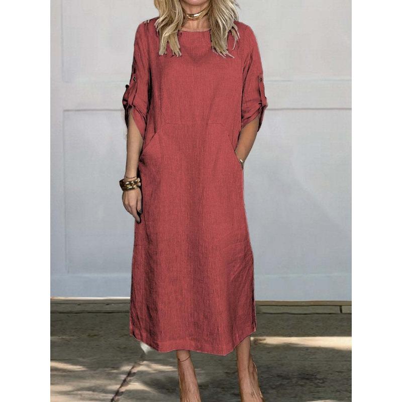 Casual Fashion O Neck Short Sleeve Women Dress Elegant Solid Color Loose Simple A-line Party Dresses Female Plus Size Pockets Spring Summer Clothing