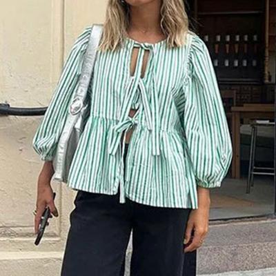 Spring O Neck Contrast Bow Lace Up Shirts For Women Loose Long Lantern Sleeved Blouse Fashion Lady Casual High Street Tops