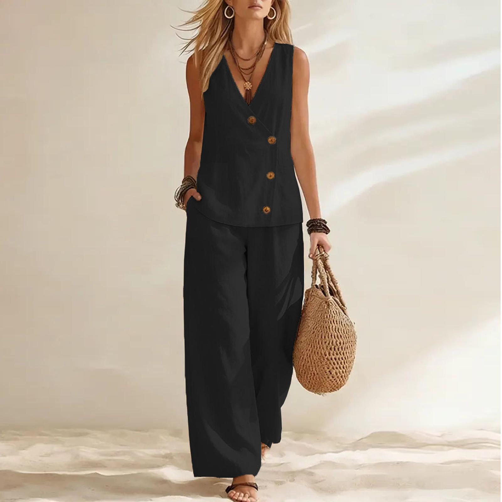 

Women Summer Cotton Linen Button Down Cardigan and Wide Leg Pants Two Piece Set Casual Loose Fit Holiday Outfit XXL чёрный