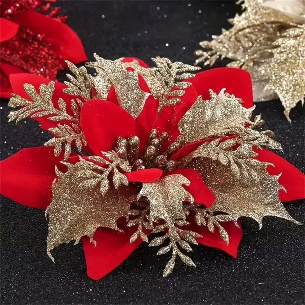 12Pcs With Clips Artificial Christmas Flowers with Stems Christmas Fake Blooms Wedding Decor