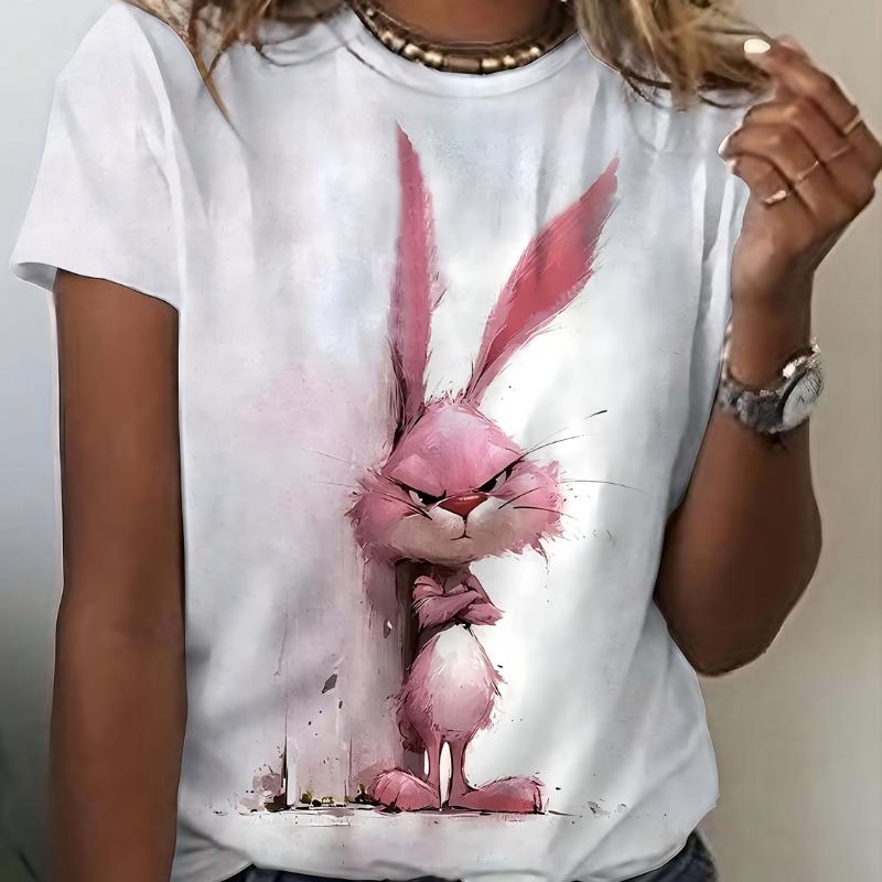 A fun rabbit print cartoon design that combines casual elegance. This trendy women s top features a comfortable round neck T-shirt, perfect as a gift S