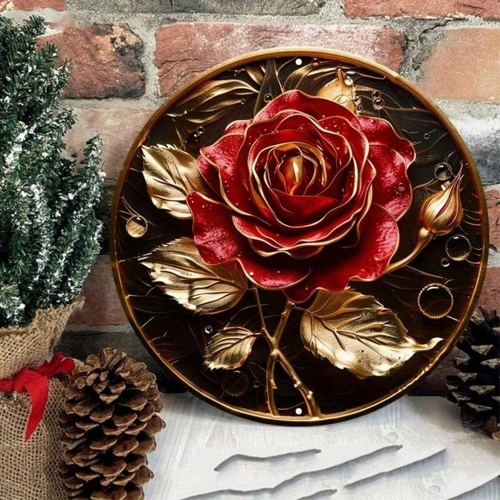 Metal Wall Art Poster, Round Rose Wreath Home Decor Gift