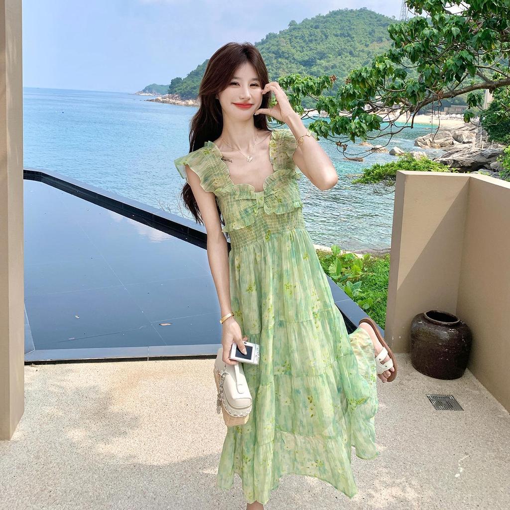 Women Green Floral Maxi Dress, Ruffle Sleeve Tiered Vacation Dress