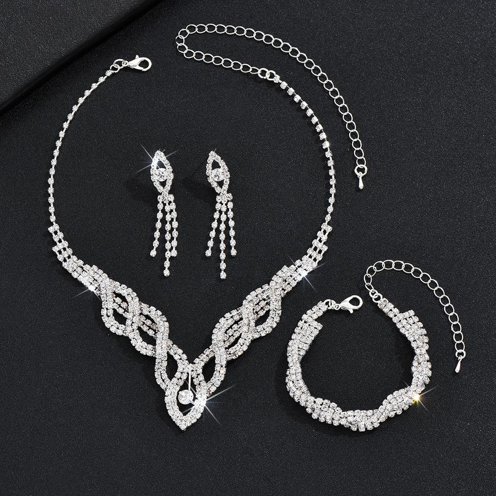 Hot Sale Jewelry Wedding Dress Bride Hollow Full Diamond Women's Necklace Earrings Bracelet Set