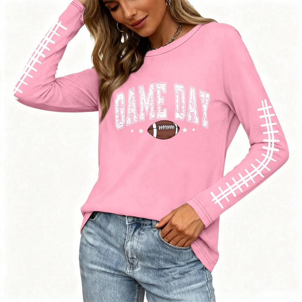 Women's Casual Long Sleeve Neck Top with Rugby Print and Side Slit for Everyday Wear