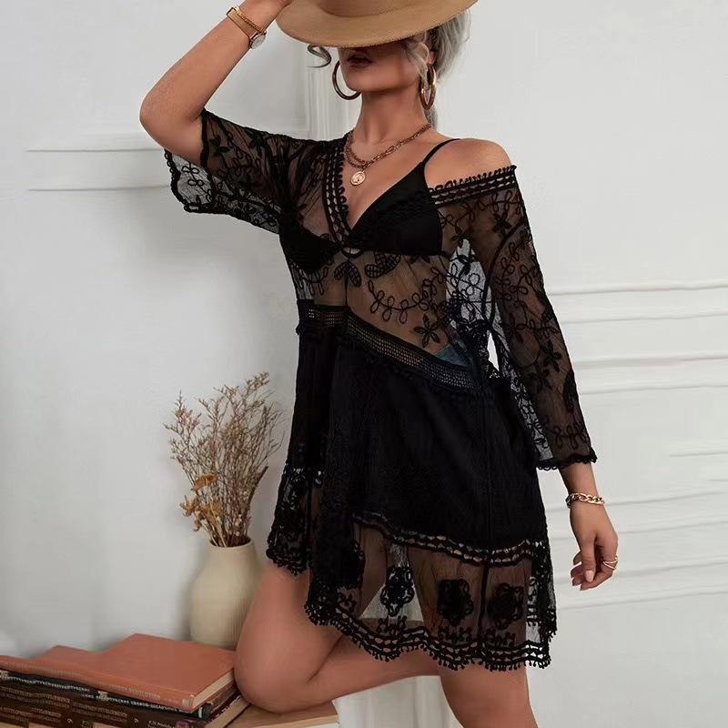 Stylish V-Neck Lace Embroidered Bikini Cover-up with Sun Protection
