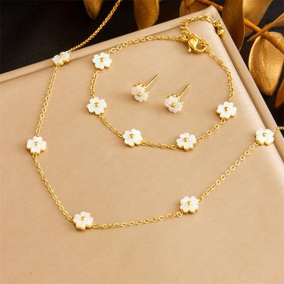 Gold White Enamel Daisy Flower Jewelry Set Necklace Bracelet Earrings