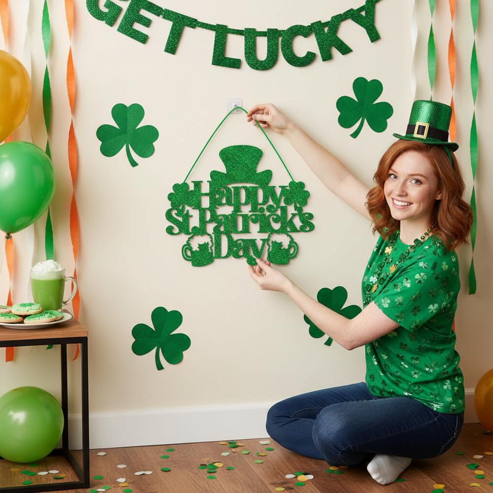 Happy St. Patrick's Day Hanging Sign Glitter Green Home Door Party Festival Wall Lucky Decoration Irish Clover Shamrock Dec N2T3