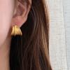 Hong Kong Pleated Geometric Metal Stud Earrings with Linear Texture, C-Shaped Minimalist Ear Cuffs for Women