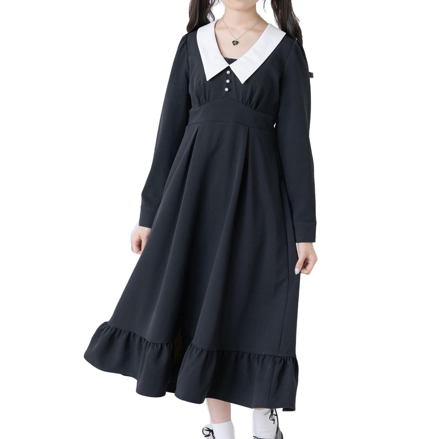 

[Yumetenbo] Landmine-style clothing [Dear My Love] Casual Dress Charlotte Dress Women s Long Black Solid Color Yumetenbo