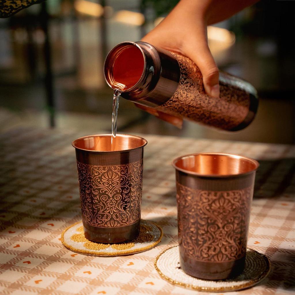 Pure Copper Water Bottle with Glass Set | Antimicrobial, Antioxidant & BPA Free, Boosts Immunity, Support Digestive Health (950 Ml 2x 300ml)