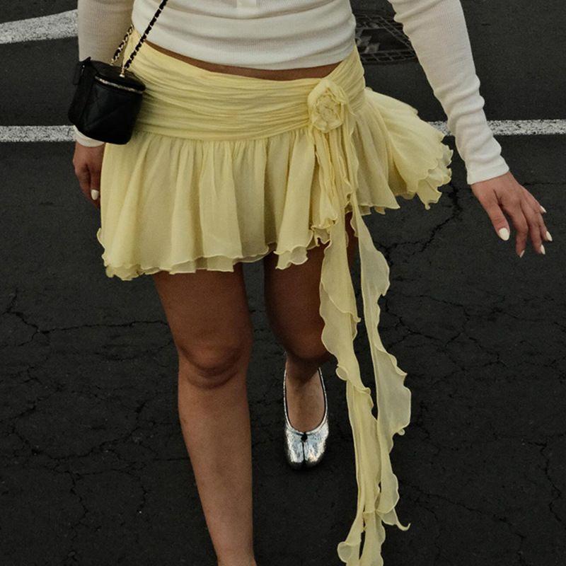 Pure Desire Ruffles Asymmetrical Skirt Women's Low Waist All-Matching Graceful Ribbon Mesh Sexy Pure Color Cake Skirt