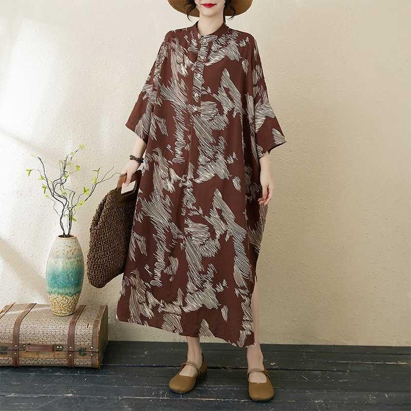 Temperament Literary Vintage Printed Stand Collar Loose Oversized Vacation Dresses