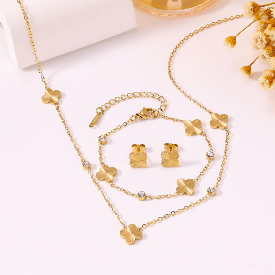 18K Gold Stainless Steel Five-Petal Zircon Flower Jewelry Set for Women (Bracelet, Necklace, Earrings)