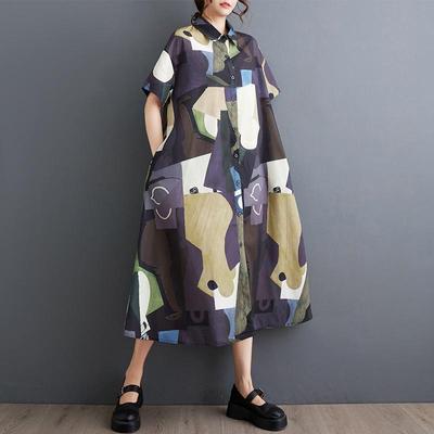 Kurzarm-Kleid in Übergröße, Vintage-Blumenmuster, neu in Kleidern für Damen, lässig, locker, lang, Sommer-Hemdkleid