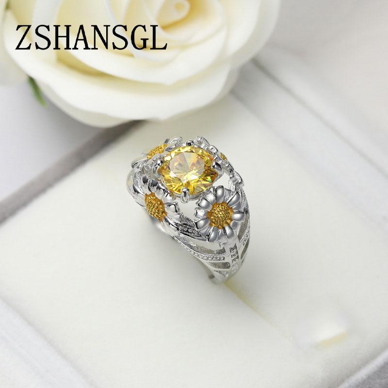 Luxury Female Girl Big Crystal CZ Flower Ring Boho Silver Color White Yellow Ring Promise Engagement Rings For Women