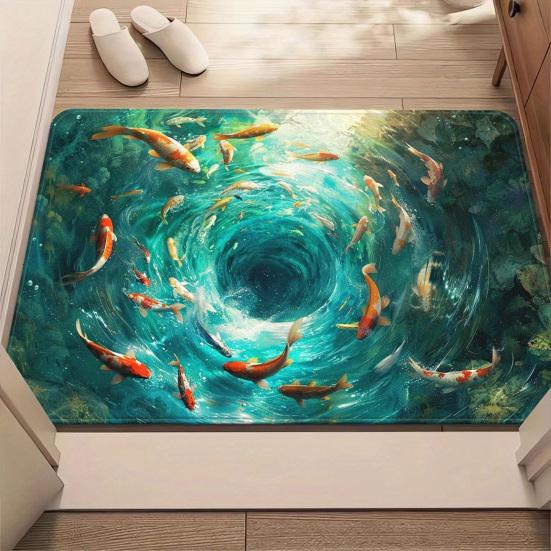 3D Optical Illusion Rug Realistic Pond Fish Door Mat Absorbent Entrance Rug Deep Sea Floor Mat