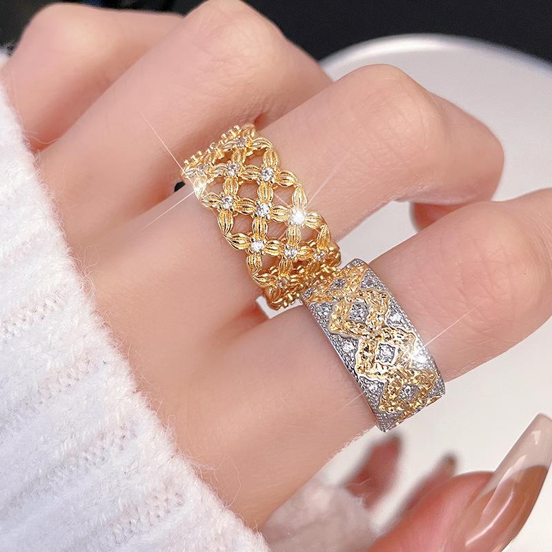 Gold Hollow Pattern Retro Open Ring High Sense Medieval Two-Color Classical Court Style Zircon Ring