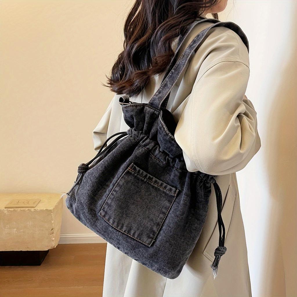 Trendy Ruched Denim Tote Bag Vintage Bucket Shoulder Bag Drawstring Crossbody Bag For Women