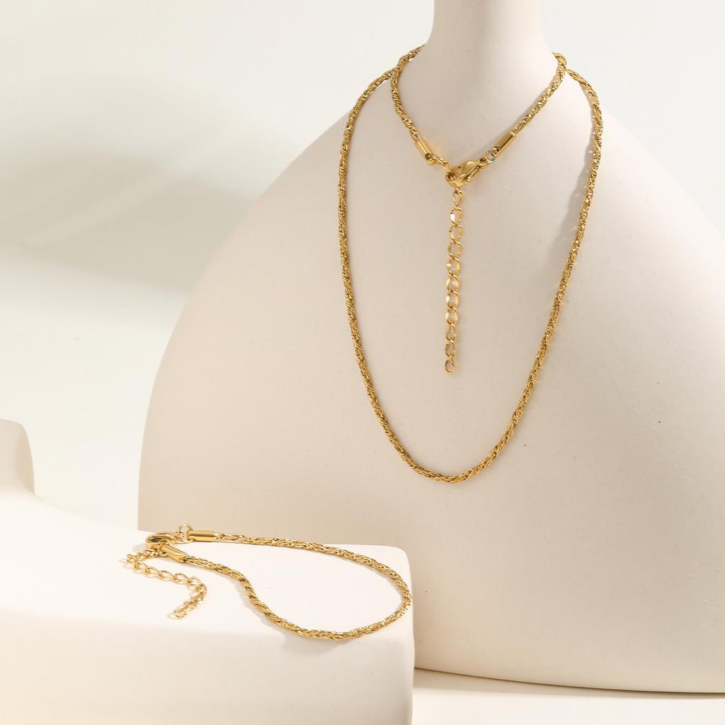 Ladies Stainless Steel Plated 18K Gold Braided Twist Chain Necklace Bracelet Nc-