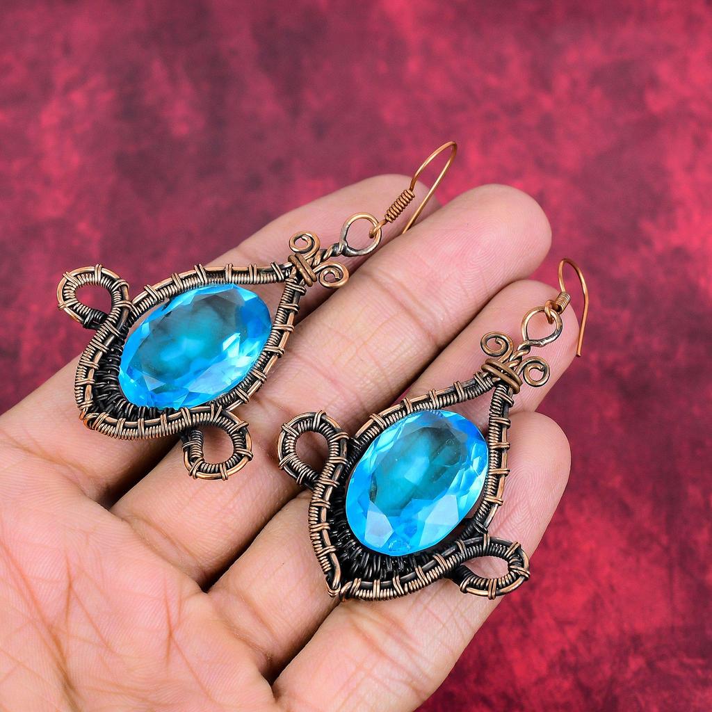 Faceted swiss blue topaz earring copper wire wrapped earring handmade copper jewelry gemstone earrings gifts for mother wire wrapped jewelry
