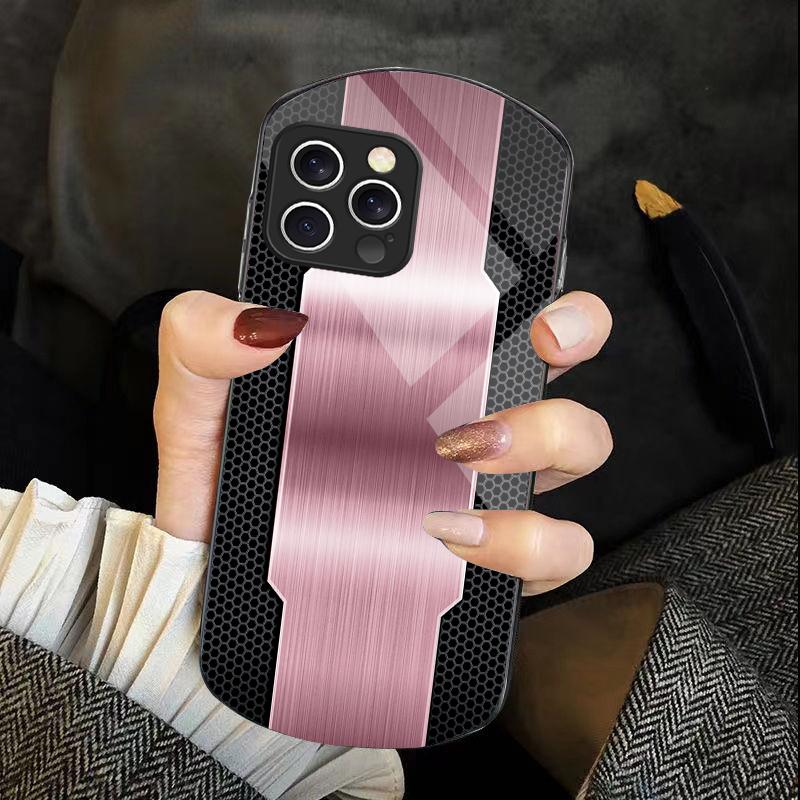 Mesh Metallic Black For IPhone 16 Pro Max 11 12 Mini 13 14 P Lus 15 Plus 7 8 Se 2020 X Xs Elliptical Tempered Glass Phone Case