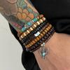 KunJoe Retro Multi Layer Wooden Bead Chain Bracelet Set for Men Ethnic Elastic Rope Cactus Leaf Bull Head Pendant Charm Bracelet