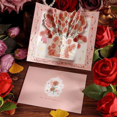 Surprised Pop Up Love 3D Greeting Card Rose Flower Greeting Card with Envelope Valentine's Day Card Valentine's Day