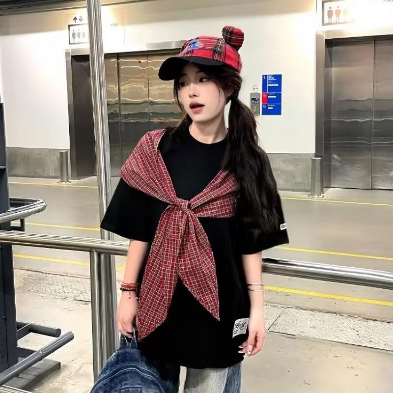 

Женская клетчатая футболка с бантом, американская свободная повседневная футболка с короткими рукавами, круглый вырез, хлопковый универсальный женский топ M чёрный