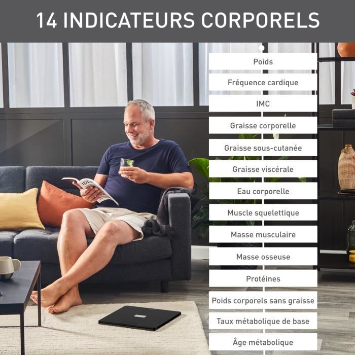 TEFAL Balance Connectée, 14 Indicateurs Corporels, Application Connectée, Capacité 180 Kg, Plateau En Verre 32x32 Cm BM9670S1