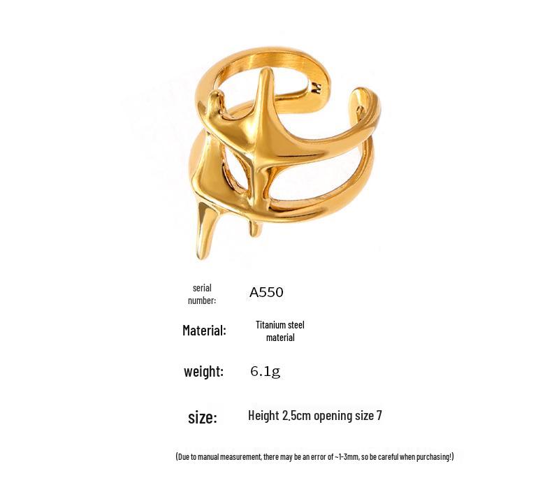 18K Gold-Plated Geometric Star Cross Open Ring - Titanium Steel Jewelry