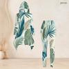 Women Plus Size 2 Piece Outfit Hooded Long Sleeve Tropical Leaf Printed High Low Top Fitted Pants