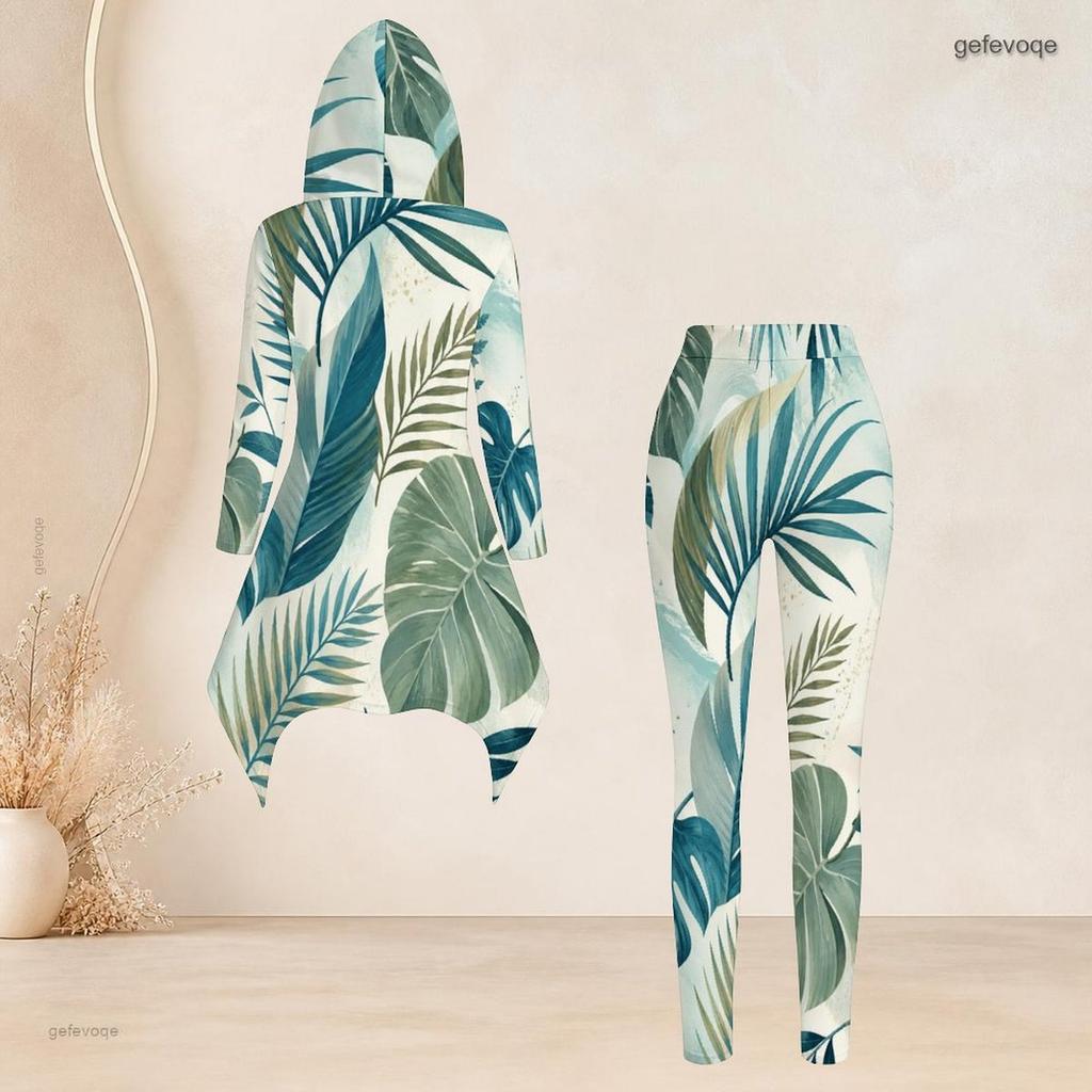 Women Plus Size 2 Piece Outfit Hooded Long Sleeve Tropical Leaf Printed High Low Top Fitted Pants