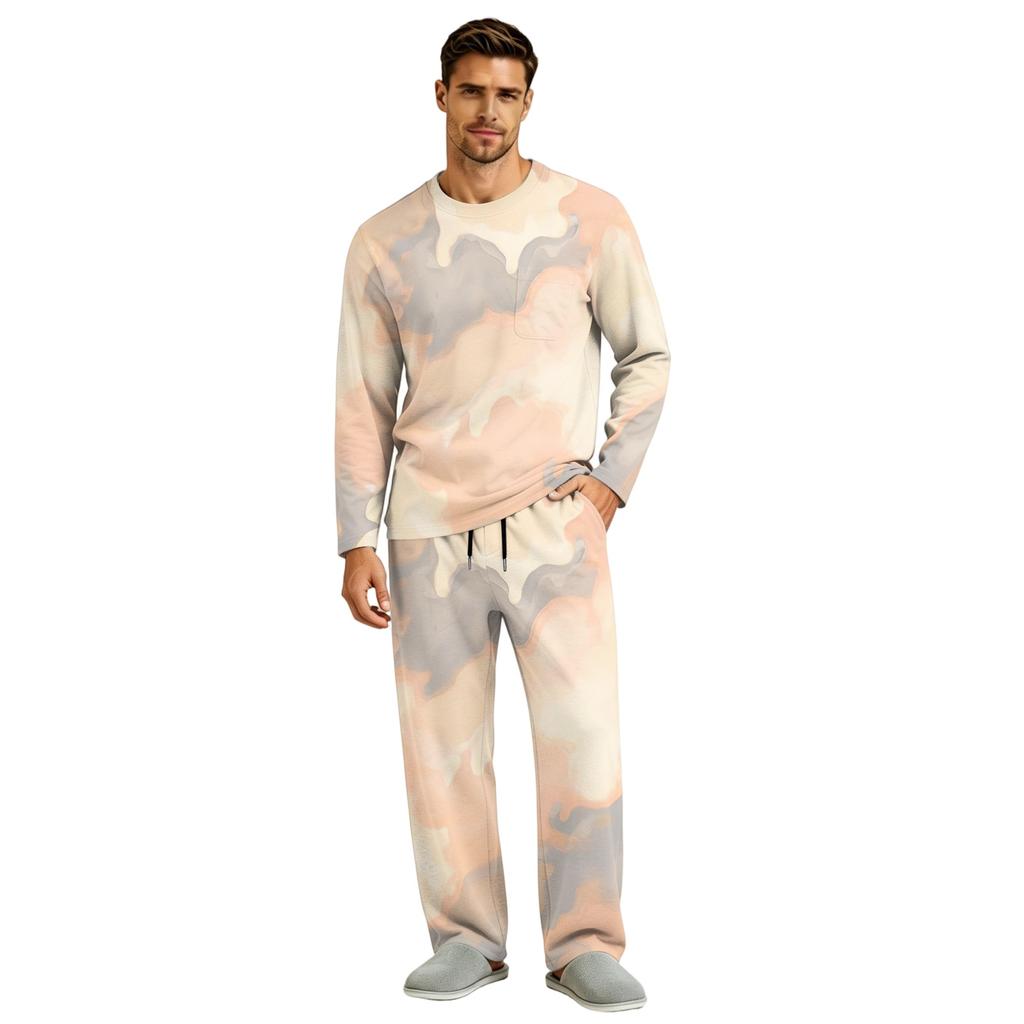 Men's Pajama Set Long Sleeve Top and Pants with Button Fly and Elastic Drawstring Waist