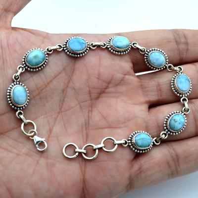 Larimar Drahokam Designový Náramek 925 Sterlingové Stříbro Dámské Ručně Vyráběné Šperky