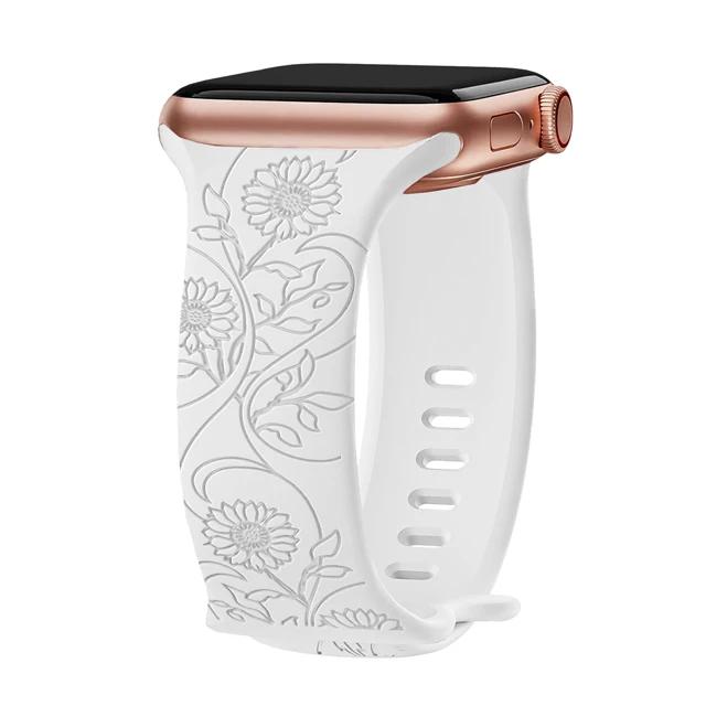 Floral Engraved Strap For Apple Watch Band 40mm 44mm 41mm 49mm 45mm 38mm 42mm Silicone Bracelet Iwatch Series 9 7 Se 6 8 Ultra 2