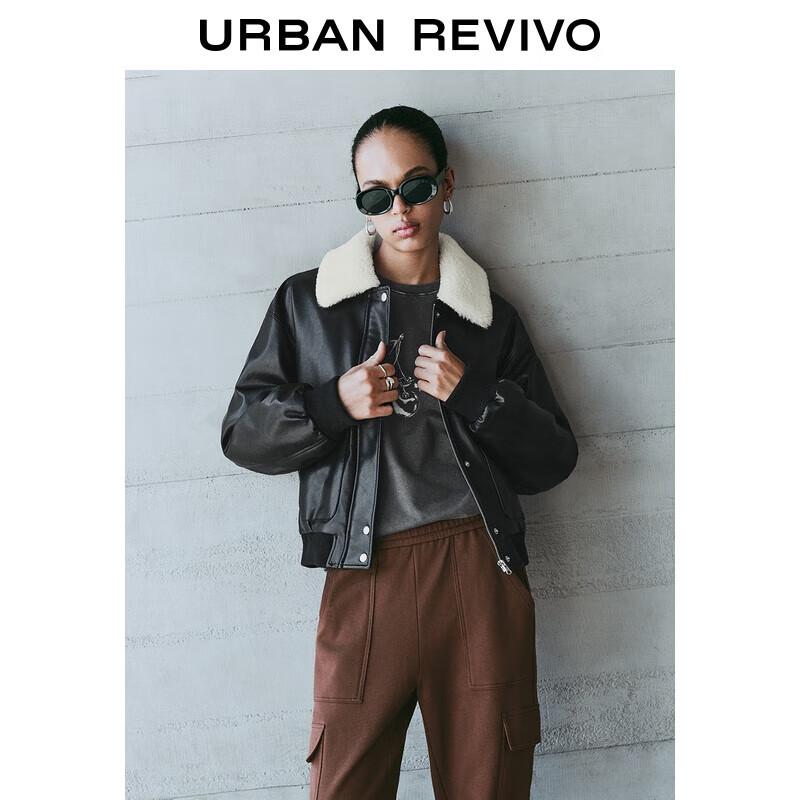 

UR Women s Casual Faux Leather Padded Jacket with Plush Collar L