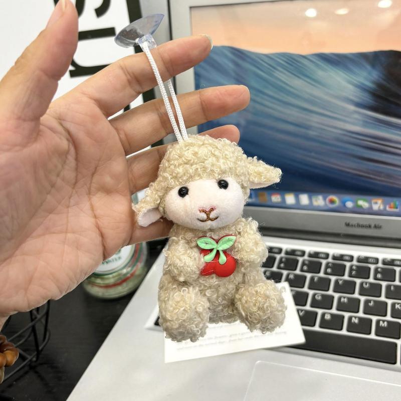 Cute Soft Plush Sheep Keychain Fluffy Straw Hat Plaid Bow 1Pcs Portable Key Ornament for Travel Backpack Decor