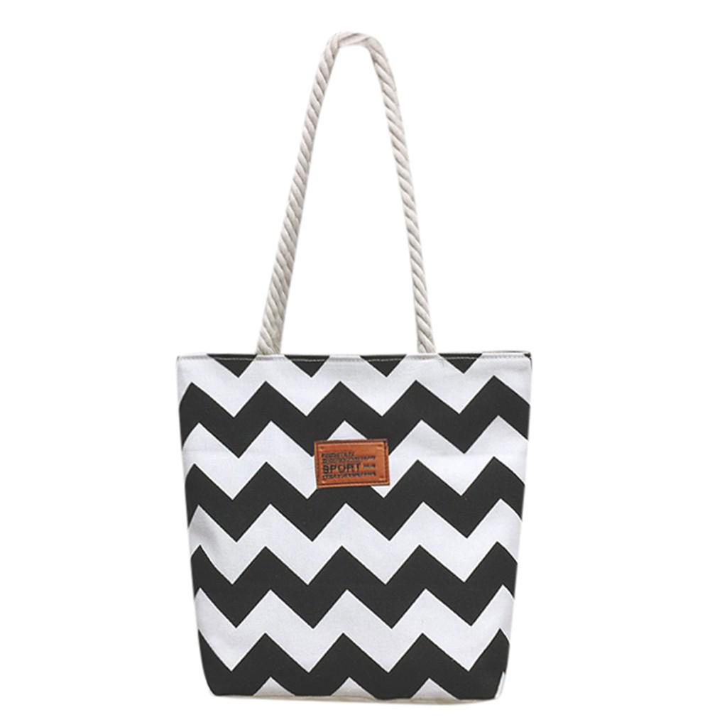 

Модная женская сумка в полоску с рисунком большой емкости из холста на ремне чёрный